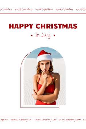 Young Woman in Red Swimsuit and Santa Claus Hat on Beach Postcard 4x6in Vertical Design Template