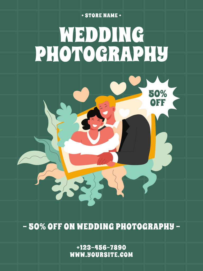 Designvorlage Discount on Wedding Photo Services on Green für Poster US