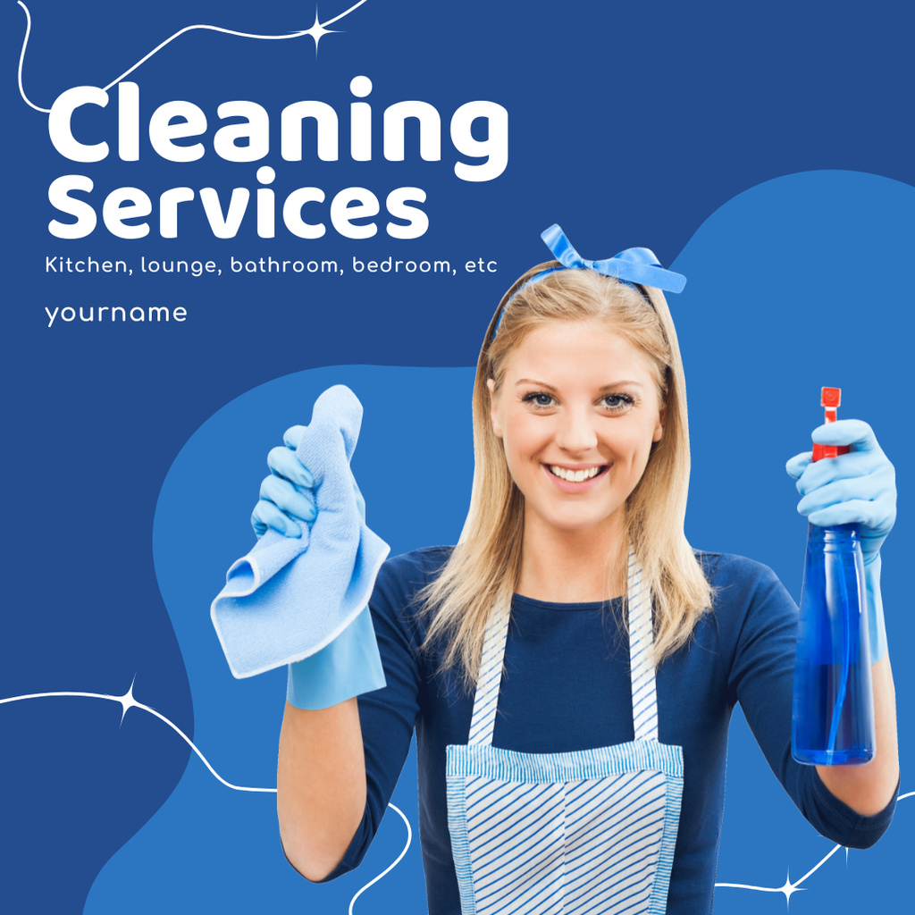 Cleaning Service offer with Girl in Blue Gloves Instagram AD Modelo de Design