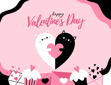 Cute Valentine's Day Celebration With Cats And Cakes Postcard 4.2x5.5in Tasarım Şablonu