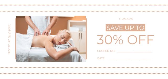 Wellness Center Ad with Woman Enjoying Body Massage Coupon Din Large Modelo de Design