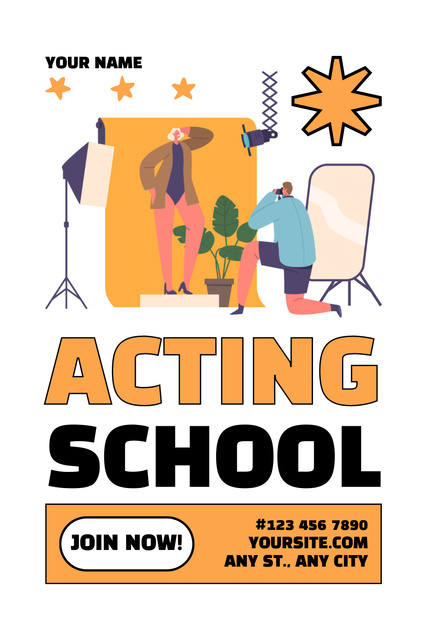 Advertising of Acting School on Orange Pinterest Design Template