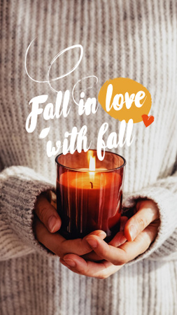 Modèle de visuel automne inspiration avec fille tenant bougie brûlante confortable - Instagram Story