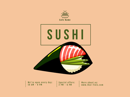 Asian Dishes Cafe Promotion with Sushi Illustration Poster 18x24in Horizontal Design Template