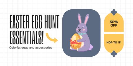 Пасхальная реклама охоты за яйцами с маленьким кроликом, держащим яйцо Twitter – шаблон для дизайна