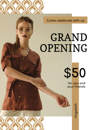 Grand Opening with Fashionable Woman in Brown Outfit Flayer Design Template