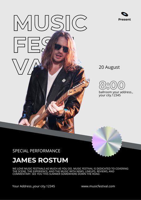 Music Festival Announcement with Rock Musician Flyer A4 Design Template