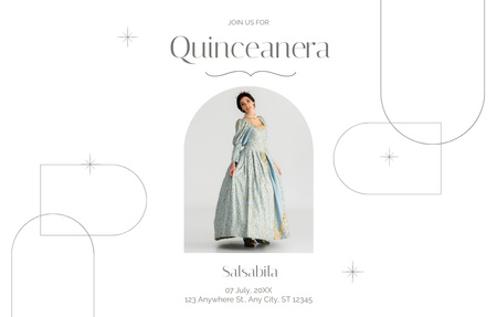 Template di design Annuncio della celebrazione della festa di Quinceañera con uno splendido abito Invitation 4.6x7.2in Horizontal