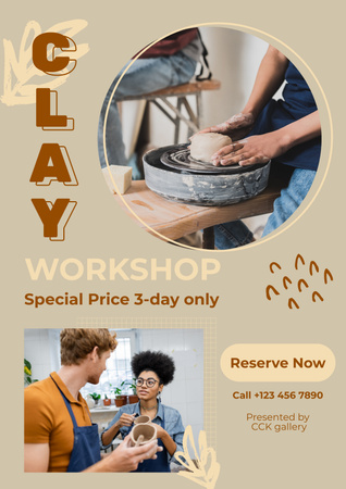 Young Couple Molding Clay Cups in Pottery Studio Poster Design Template