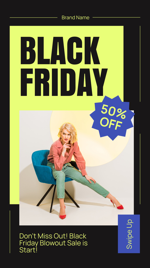 Black Friday Offer with Stylish Woman on Chair Instagram Story tervezősablon