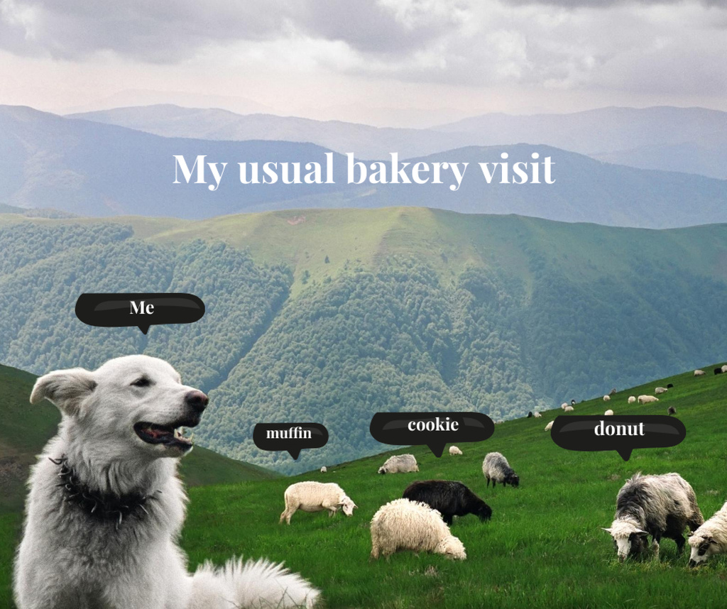 Platilla de diseño Funny Bakery Promotion with Dog and Grazing Sheep Facebook