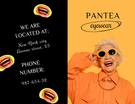 Designvorlage Alte Dame im stilvollen orangefarbenen Outfit und Sonnenbrille für Brochure 8.5x11in Bi-fold