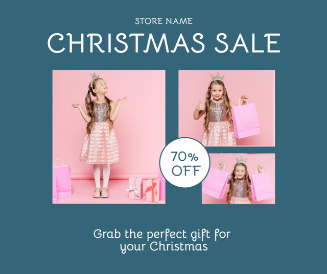 Christmas sale offer with little princess girl holding presents Facebook Πρότυπο σχεδίασης