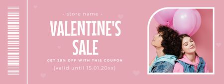 Valentine's Day Sale with Young Couple in Love holding Balloons Coupon Design Template
