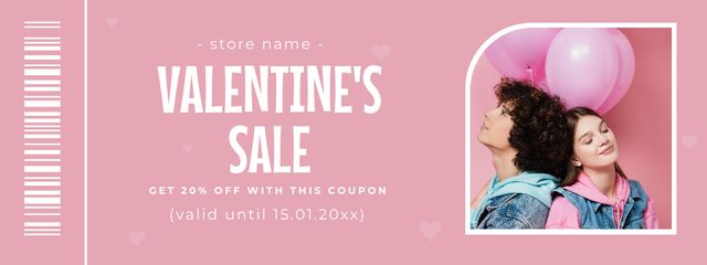 Valentine's Day Sale with Young Couple in Love holding Balloons Coupon Modelo de Design