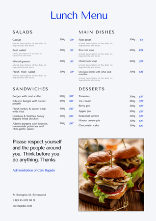 Lunch Menu Announcement with Burgers Menu Modelo de Design