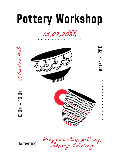 Pottery Workshop Ad with Cute Cups Poster USデザインテンプレート