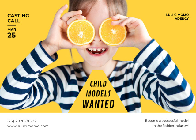 Cute Little Girl posing with Oranges for Models Casting Flyer 5x7in Horizontal Design Template