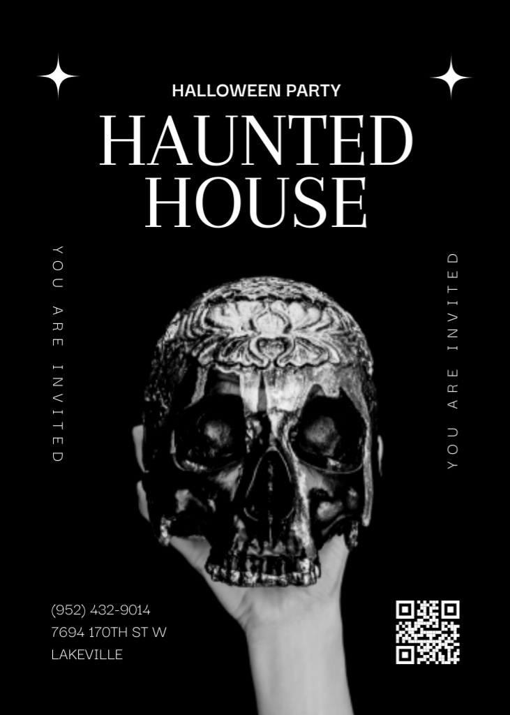 Halloween Party in Haunted House with Skull in Hand Invitation Design Template