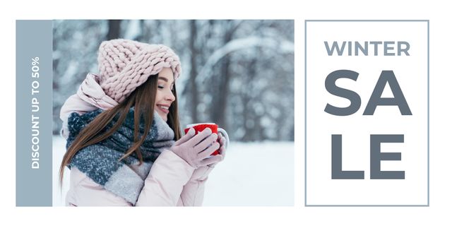 Template di design Winter Sale Ad with Cute Woman in Warm Clothes Twitter