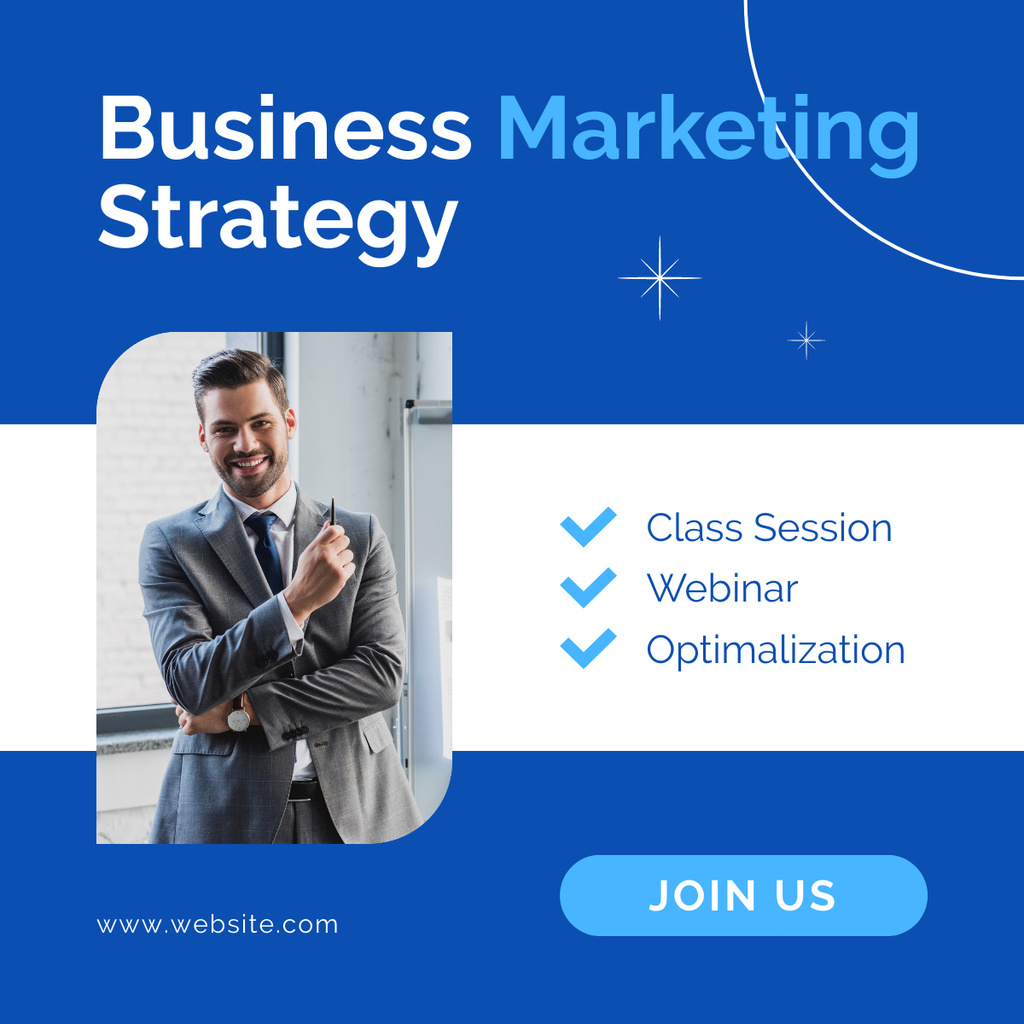 Marketing Strategy Training for Business on Blue LinkedIn post Tasarım Şablonu