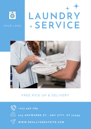 Oferta de Serviço de Lavandaria em Azul e Branco Poster Modelo de Design