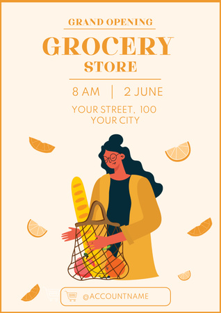 Young Woman with Grocery Shopping Bag Poster Design Template