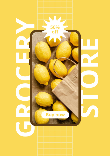 Fresh Lemons Sale Offer In Grocery Poster Πρότυπο σχεδίασης
