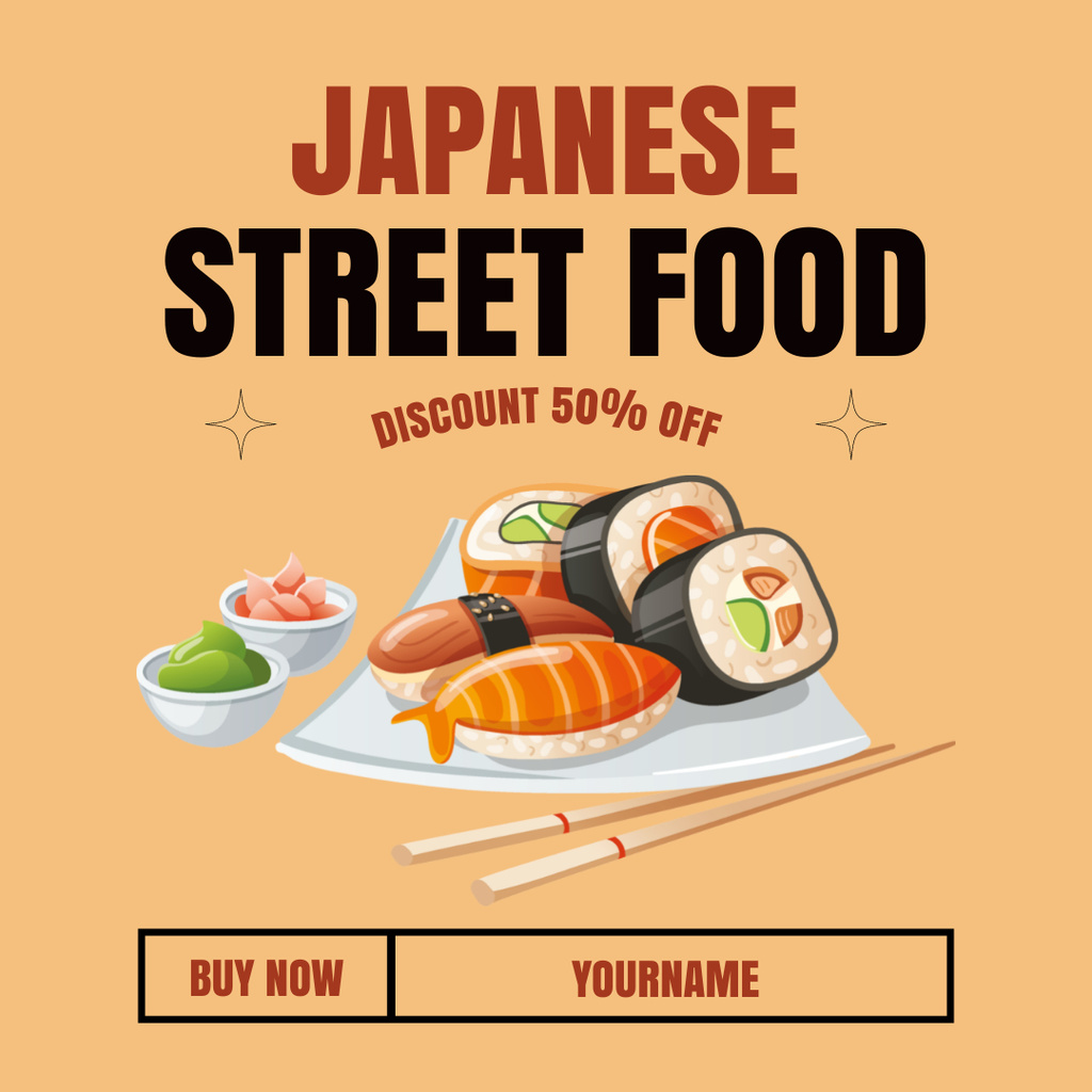 Japanese Street Food Ad with Sushi and Salmon Instagramデザインテンプレート
