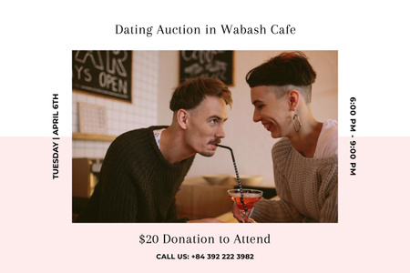 Dating Auction in Cafe with Young Romantic Couple Poster 24x36in Horizontal Design Template