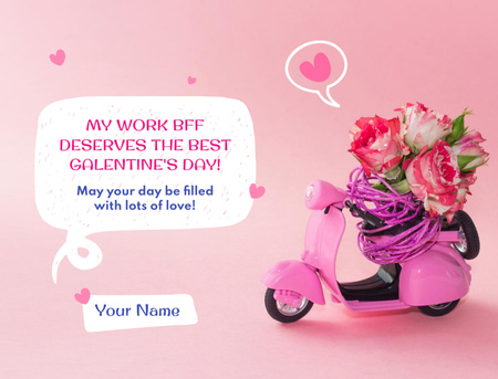 Modèle de visuel Salutation du jour de Galentine avec des roses sur un scooter - Postcard 4.2x5.5in