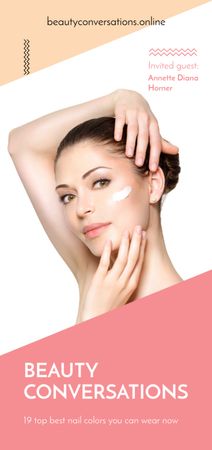 Designvorlage Beauty Event Announcement with Woman Applying Face Cream für Flyer DIN Large