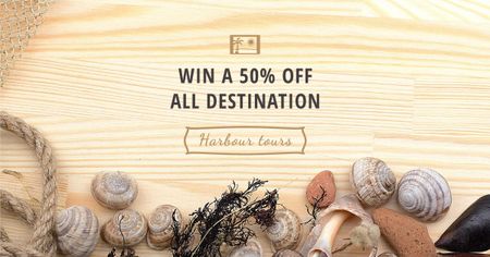 Giveaway offer with Shells on wooden background Facebook AD Design Template