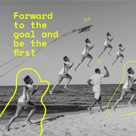 Modèle de visuel Phrase inspirante avec un garçon courant après le cerf-volant sur la plage - Instagram