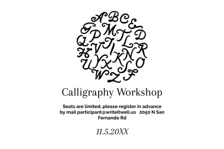 Calligraphy Workshop Announcement with Letters on White Flyer 4x6in Horizontal Design Template