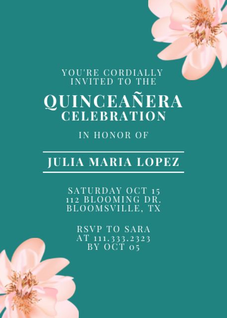 Vibrant Quinceañera Celebration Announcement With Flowers Invitationデザインテンプレート