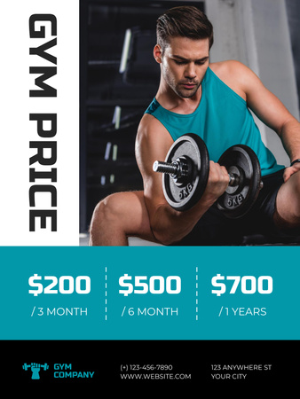 Edzőterem promóció bicepsz gyakorlatokat végző férfival Poster US tervezősablon