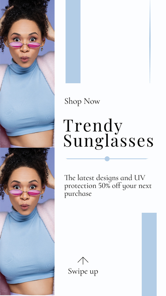 Sale Brand Sunglasses with Young Surprised African American Woman Instagram Story Design Template