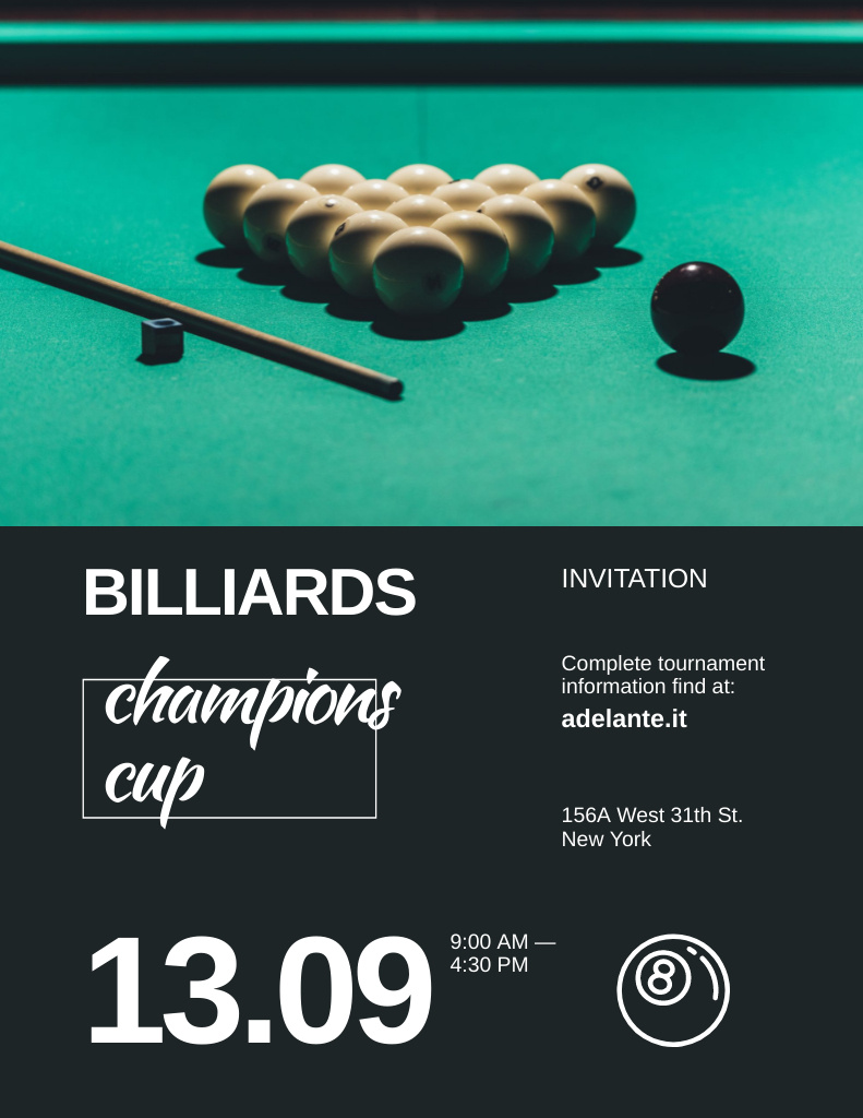 Billiards Game Announcement Poster 8.5x11in Modelo de Design
