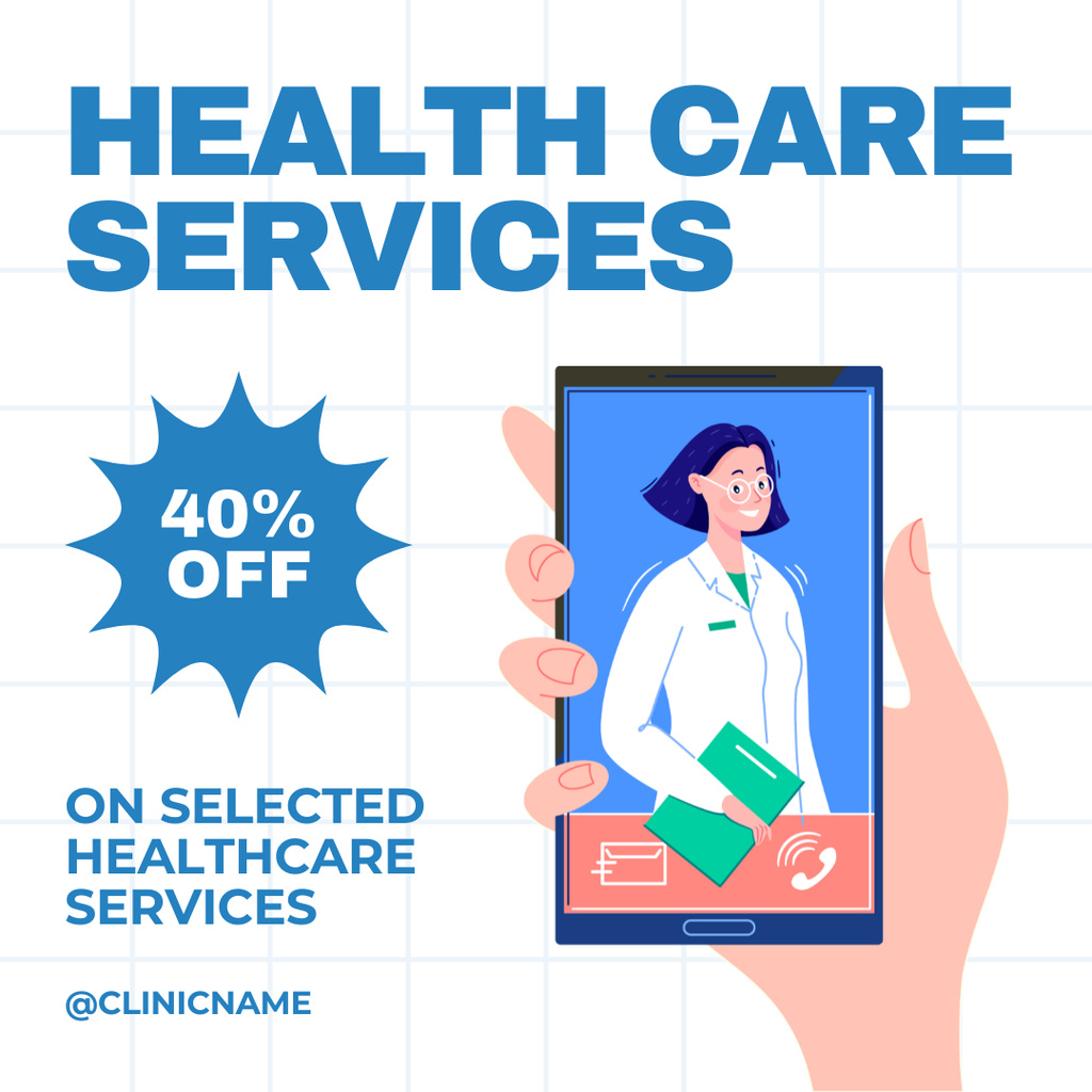 Online Healthcare Services Offer with Doctor on Phone Screen Instagram Tasarım Şablonu