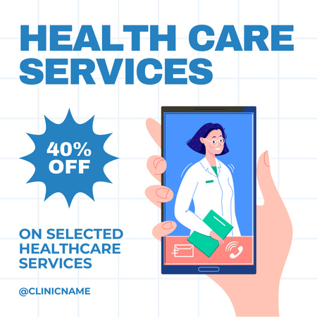 Online Healthcare Services Offer with Doctor on Phone Screen Instagram Design Template
