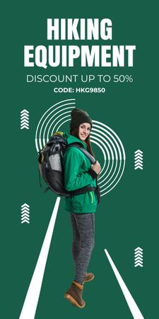 Platilla de diseño Hiking Equipment Offer with Woman with Backpack Graphic