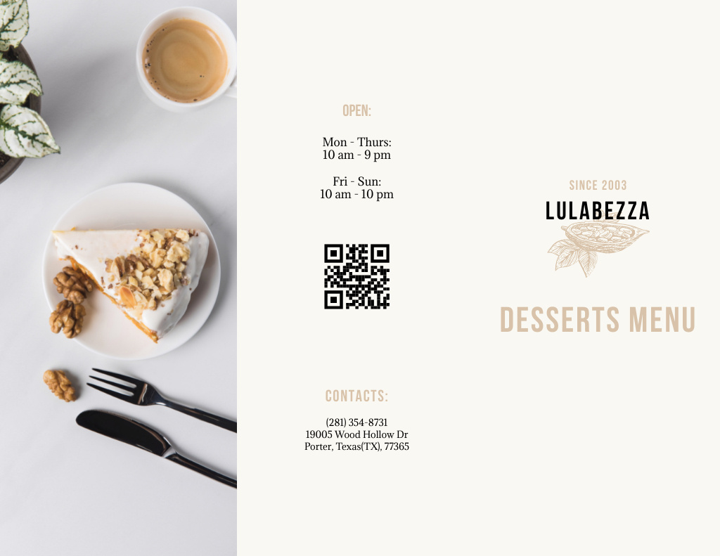 Cake With Nuts On Plate And Desserts List Menu 11x8.5in Tri-Fold Modelo de Design