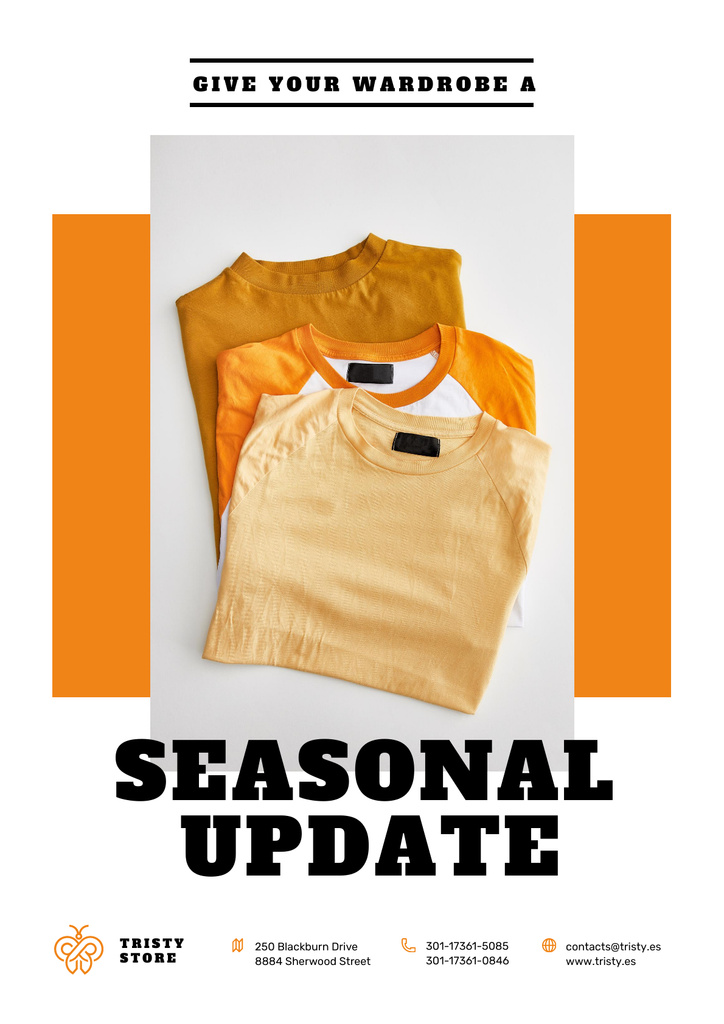 Clothes Store Ad with Basic T-shirts in Orange Poster Design Template