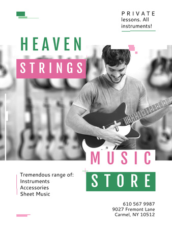 Plantilla de diseño de Oferta especial de tienda de música con músico tocando la guitarra Poster US 