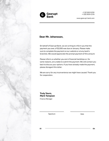 Bank Payment Notice With Marble Texture Letterhead 8.5x11in Tasarım Şablonu