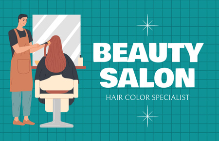 Oferta de especialista em cor de cabelo com mulher fazendo penteado Business Card 85x55mm Modelo de Design