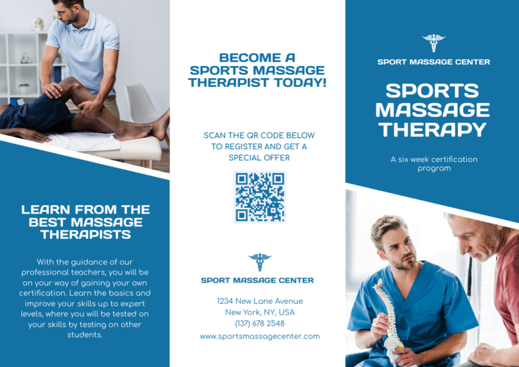 Sport Massage Center Advertisement with Therapist and Patient Brochure Modelo de Design