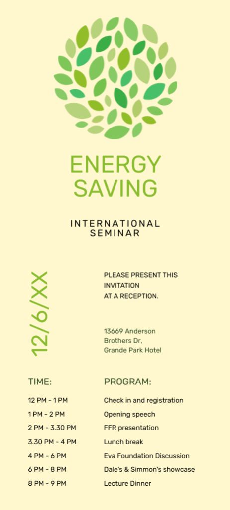 Designvorlage Energy Saving Seminar Schedule für Invitation 9.5x21cm