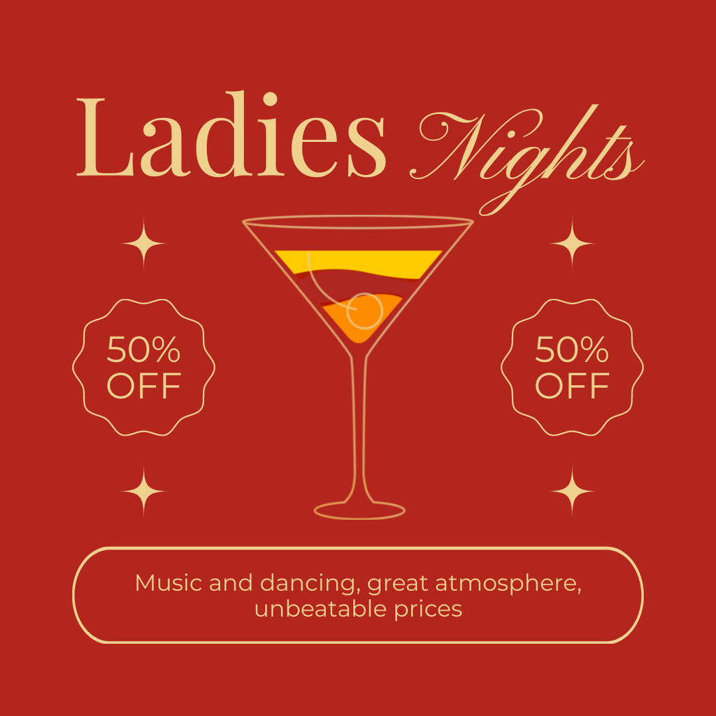 Discount on Cocktails for All Guests on Lady's Night Instagram AD Tasarım Şablonu